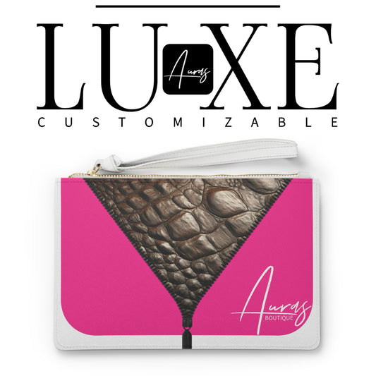 LUXE-Clutch: Mockup image of black, white, and grey customizable clutch with crocodile and gold texture print over Auras Rose, Auras Turquoise, coral, khaki, beige, merlot, white, and black.