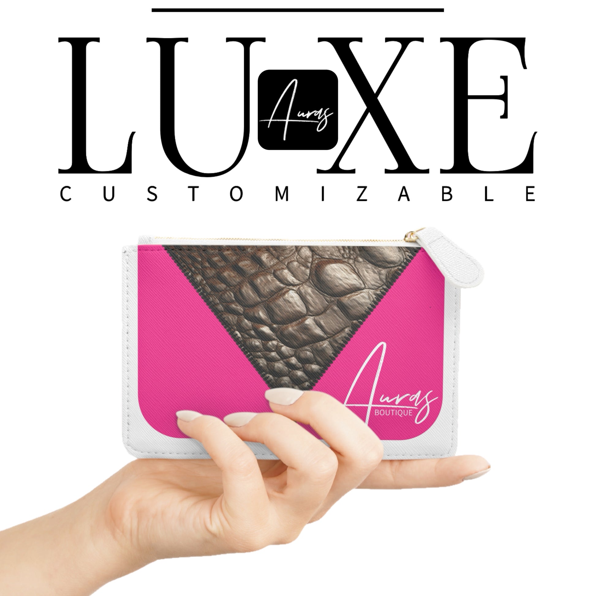 LUXE- Porte Monnaie: Mockup image of black, white and grey customizable mini clutch with crocodile and gold texture print over Auras Rose, Auras Turquoise, coral, khaki, beige, merlot, white, and black.