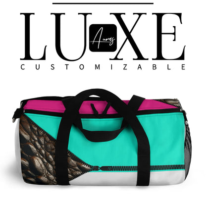 Luxe- Gym Bag: Stylish and functional duffel for workout. Mockup image of black, white and grey customizable bag with crocodile and gold texture print over Auras Rose, Auras Turquoise, coral, khaki, beige, merlot, white, and black.