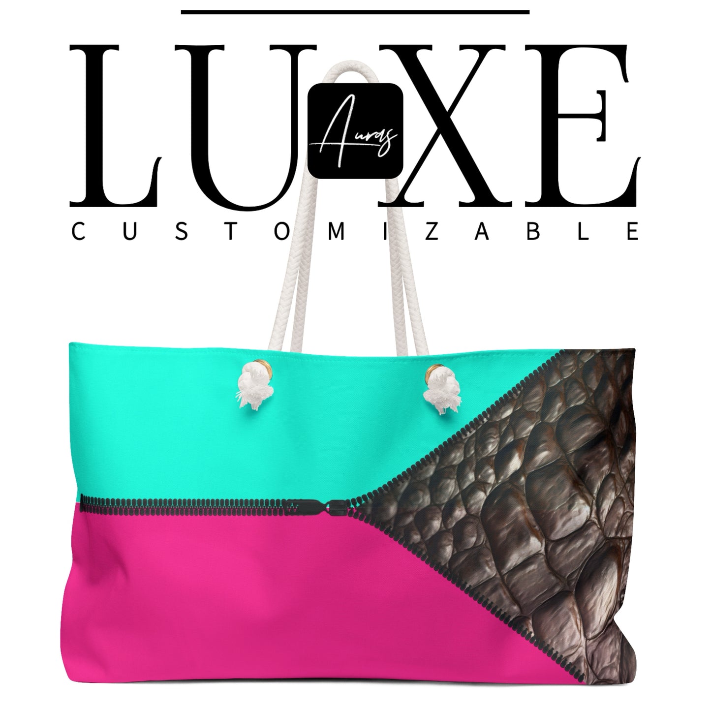 Make a statement with your bag! Auras Boutique's customizable pink & teal LUXE tote with crocodile print. Shop our trendy collection now! 