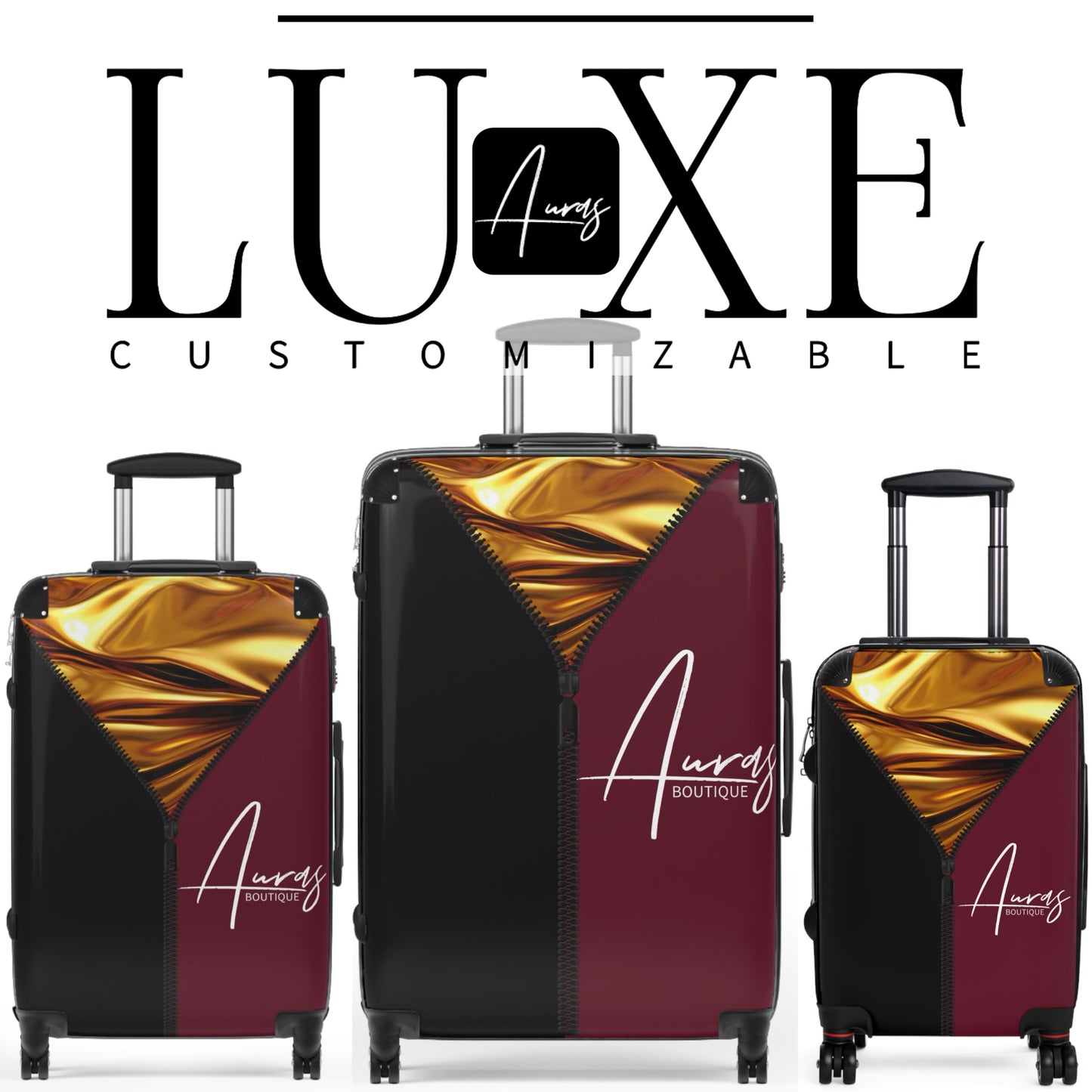 Choose your perfect size! Auras Boutique offers customizable LUXE luggage's in merlot, black, gold,& more!