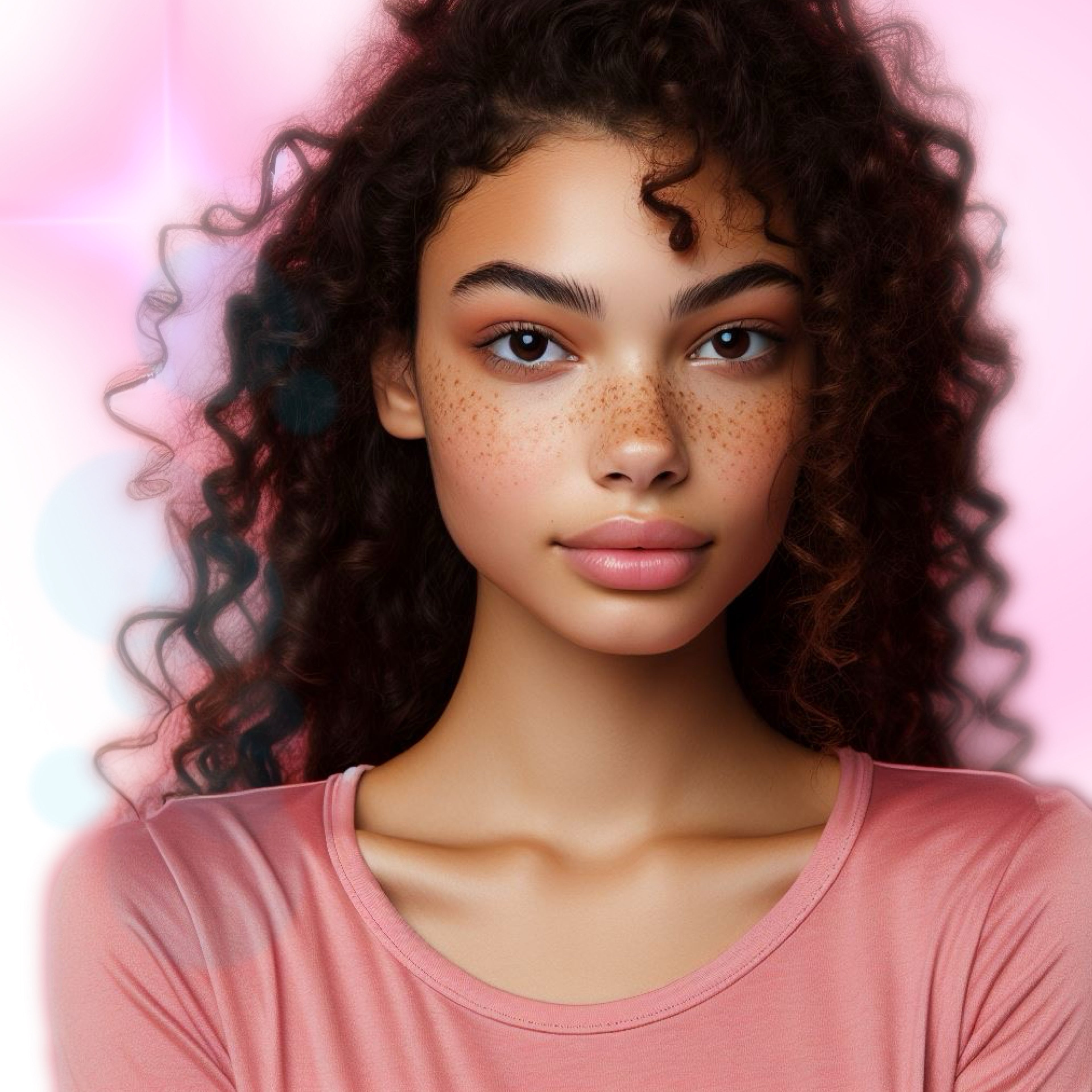 Home page image of a female model with freckles and curly hair