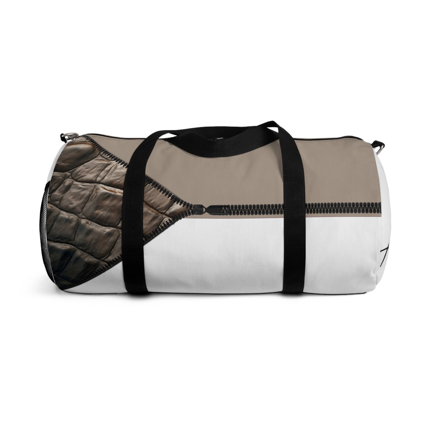 LUXE-Duffel: Back view of white bag with crocodile texture print over khaki and khaki.