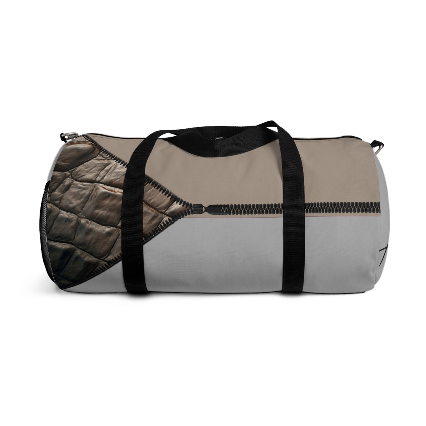 LUXE- Duffel: Back view of light grey bag with crocodile texture print over khaki and black.