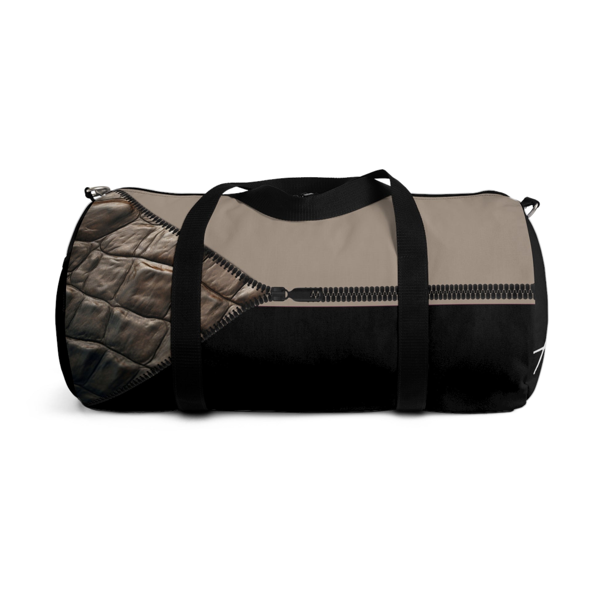 LUXE-Duffel: Back view of black bag with crocodile texture print over khaki and black.