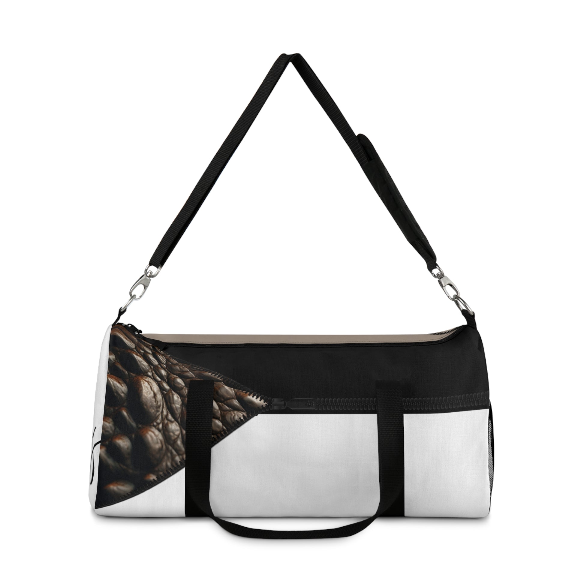 LUXE-Duffel: Front view of white bag with crocodile texture print over khaki and black.