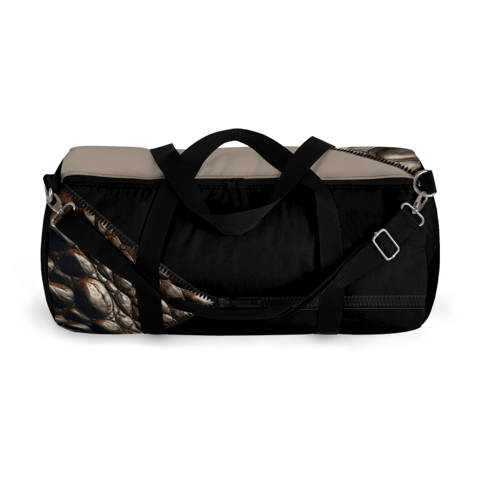 LUXE-Duffel: Top view of black bag with crocodile texture print over khaki and black.