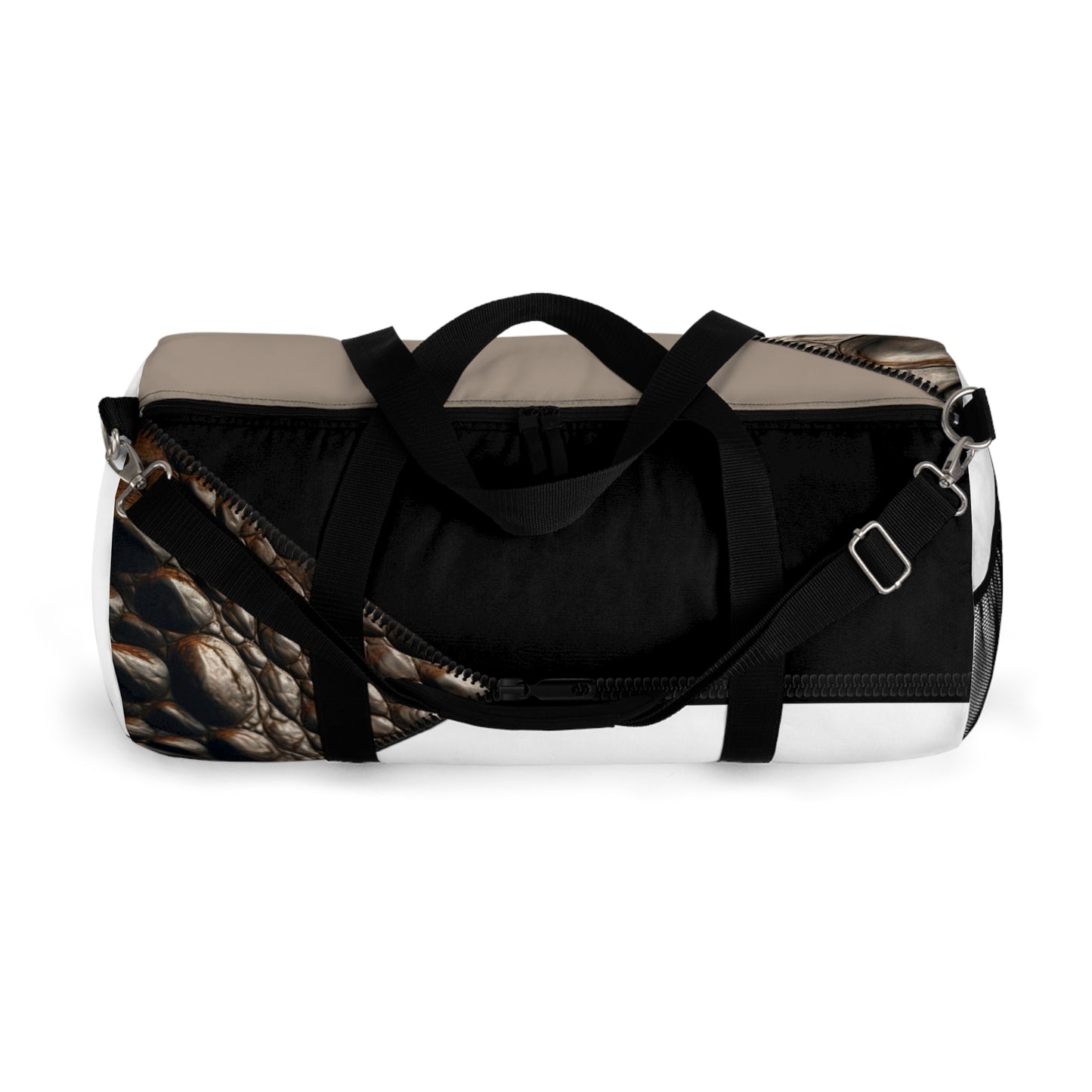 LUXE-Duffel: Top view of white bag with crocodile texture print over khaki and black.