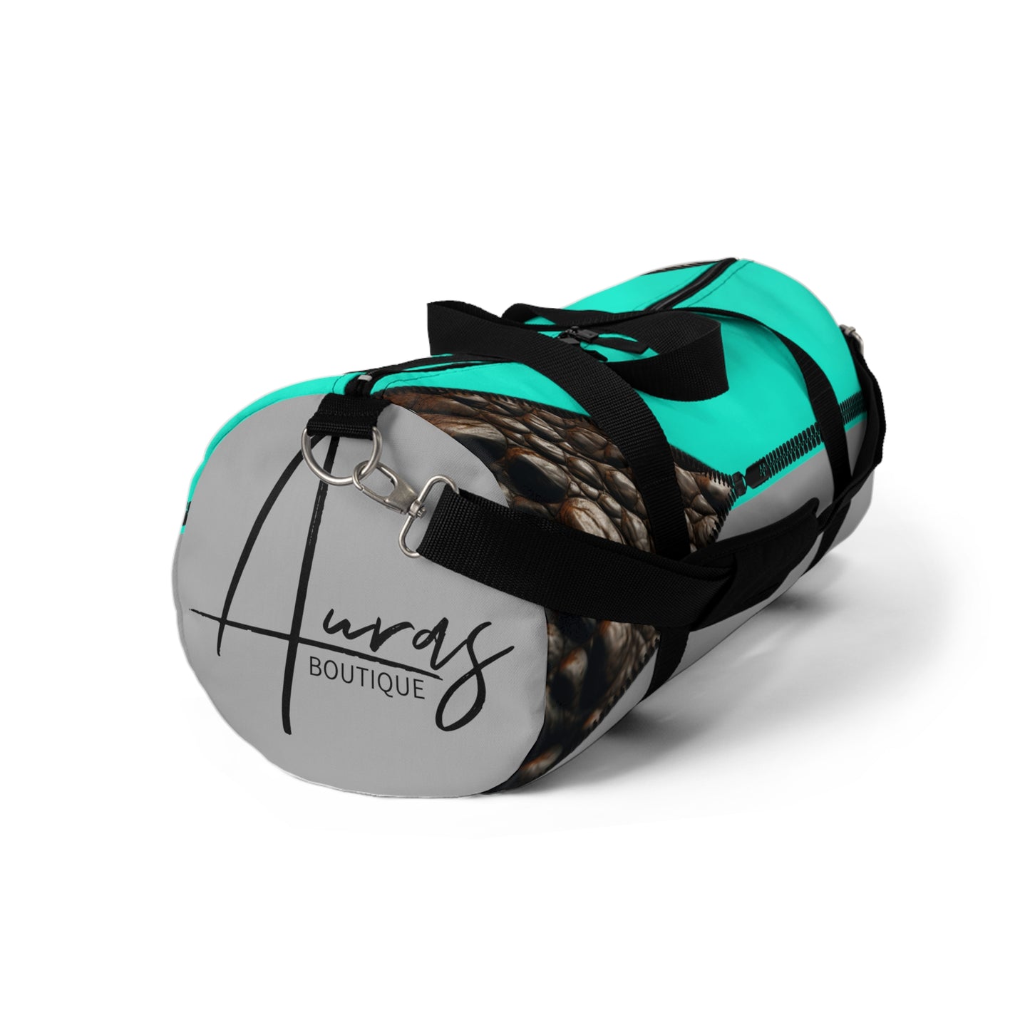 Luxe- Gym Bag: Stylish  and functional duffel for workout. Front view light grey bag with crocodile texture print over Auras Turquoise and Auras Turquoise.