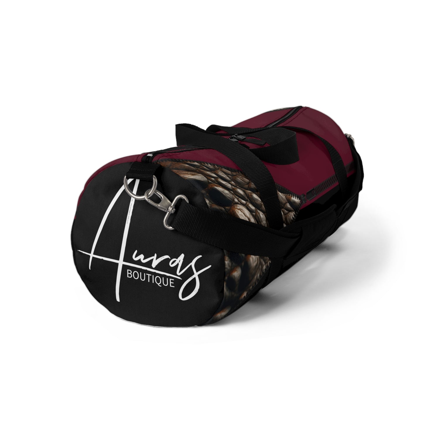 Luxe- Gym Bag: Stylish  and functional duffel for workout. Front view black bag with crocodile texture print over merlot and merlot.