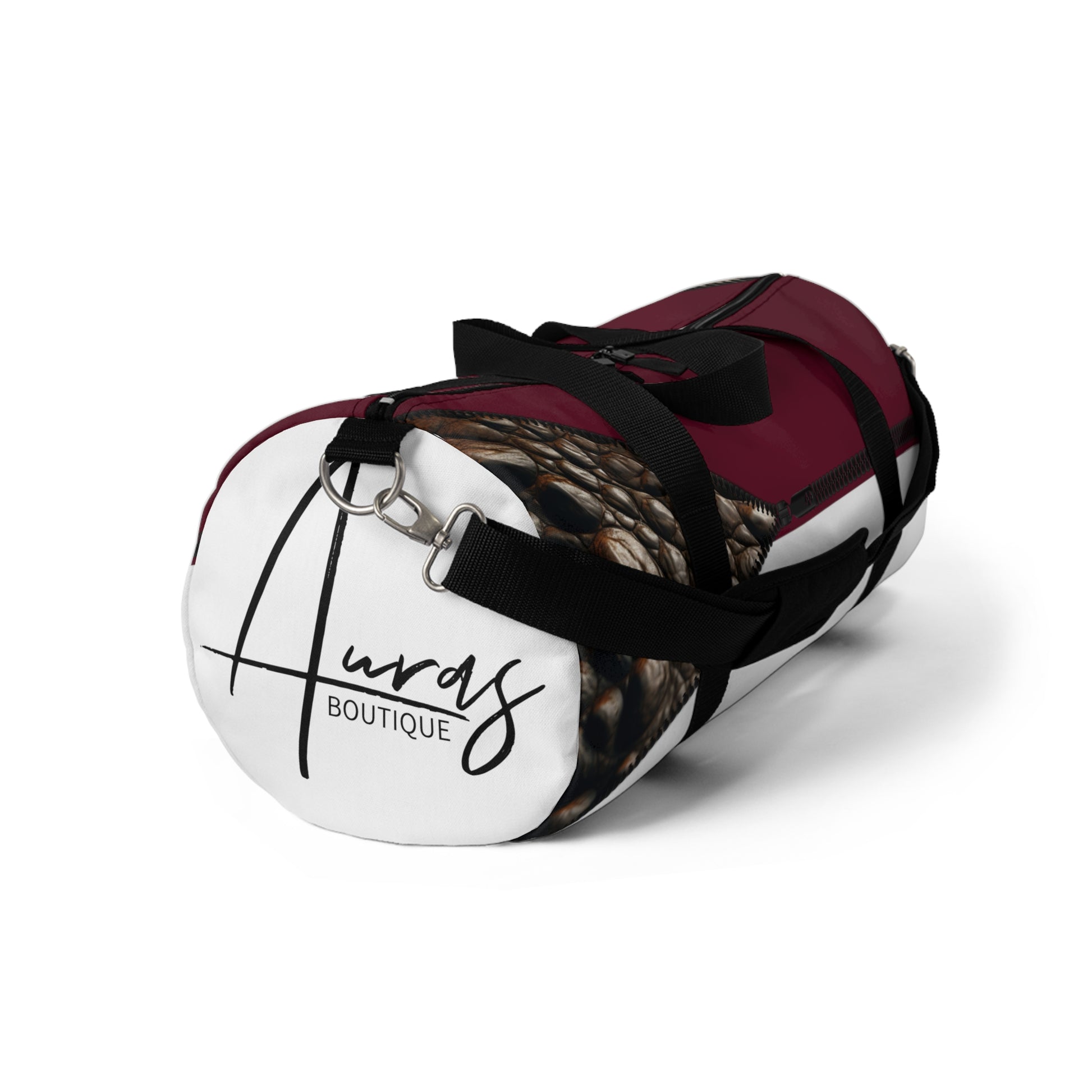 Luxe- Gym Bag: Stylish  and functional duffel for workout. Front view white bag with crocodile texture print over merlot and merlot.