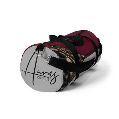 Luxe- Gym Bag: Stylish  and functional duffel for workout. Front view light grey bag with crocodile texture print over merlot and merlot.