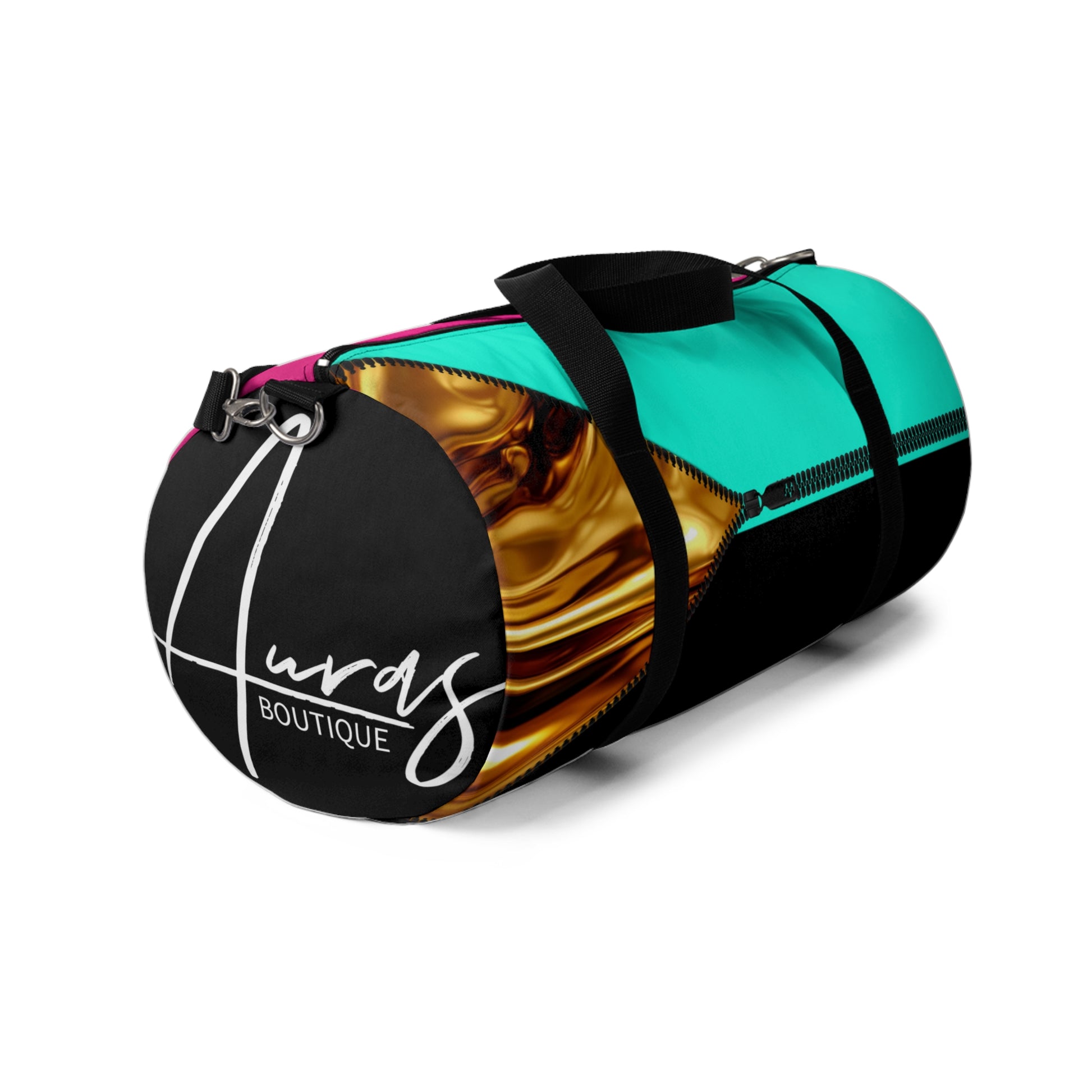 LUXE-Duffel: Left side view of black bag with gold texture print over Auras Rose and Auras Turquoise.