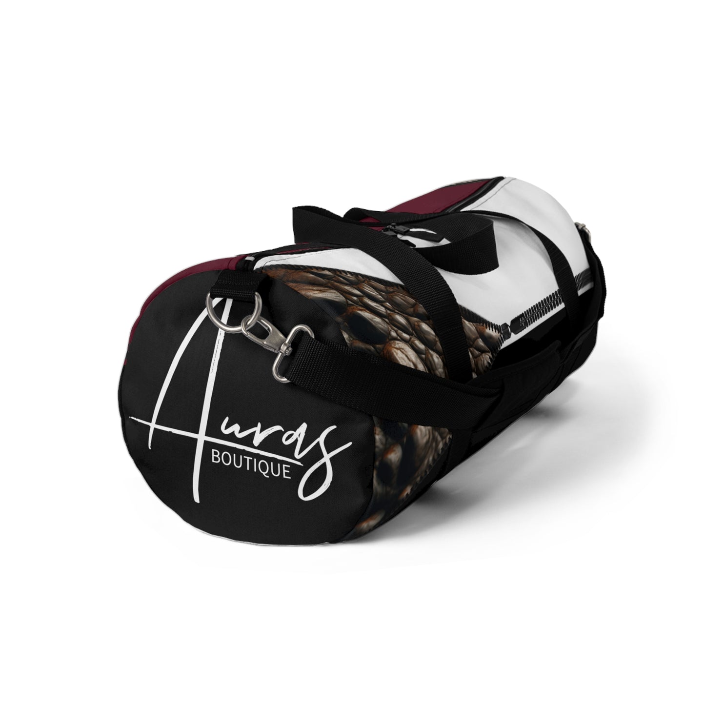 Luxe- Gym Bag: Stylish  and functional duffel for workout. Front view black bag with crocodile texture print over merlot and white.