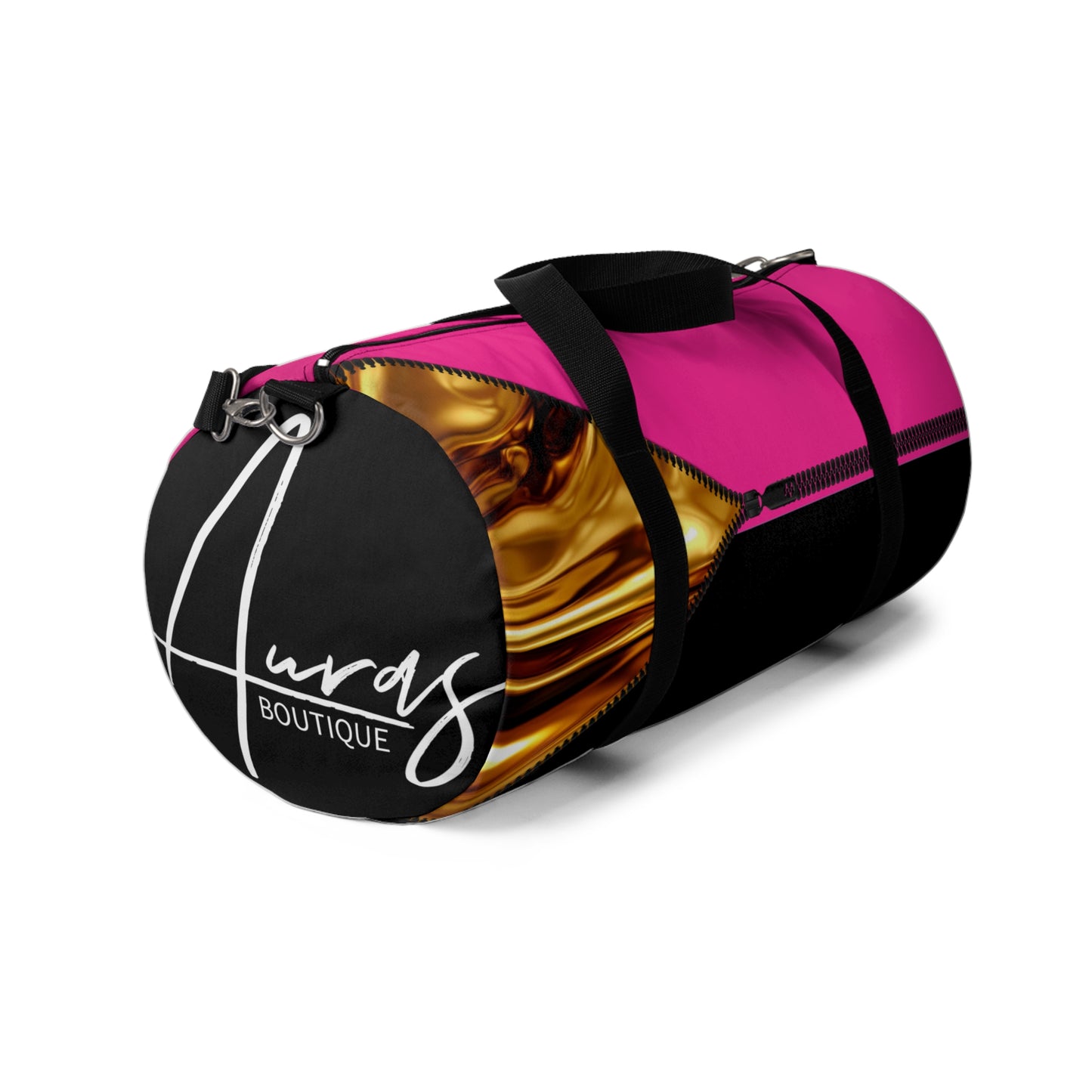 LUXE-Duffel: Left side view of black bag with gold texture print over Auras Rose and Auras Rose.