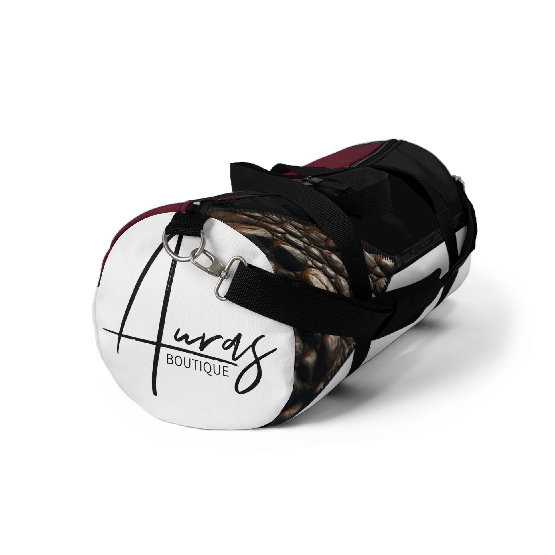 Luxe- Gym Bag: Stylish  and functional duffel for workout. Front view white bag with crocodile texture print over merlot and black.