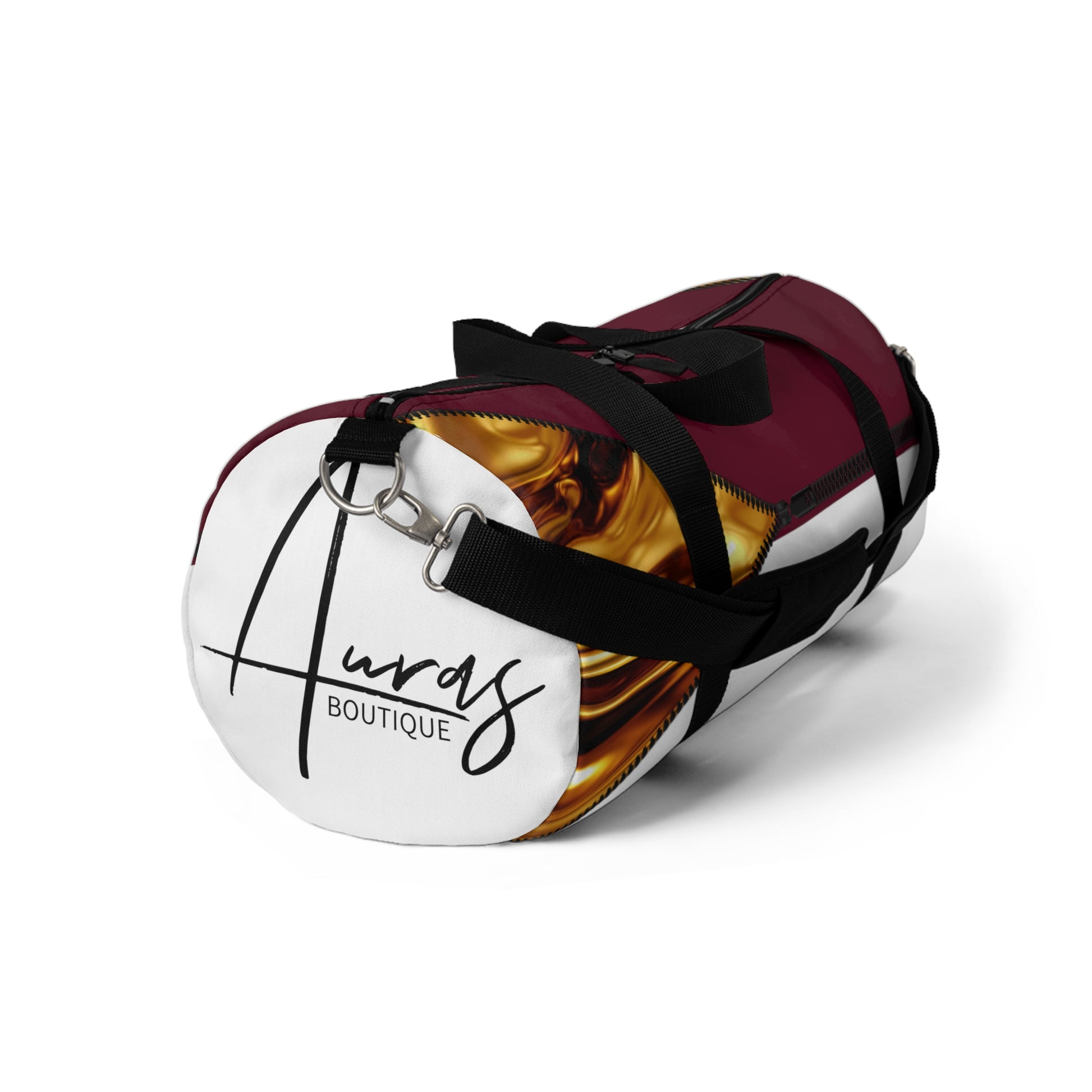 Luxe- Gym Bag: Stylish  and functional duffel for workout. Front view white bag with gold texture print over merlot and merlot.