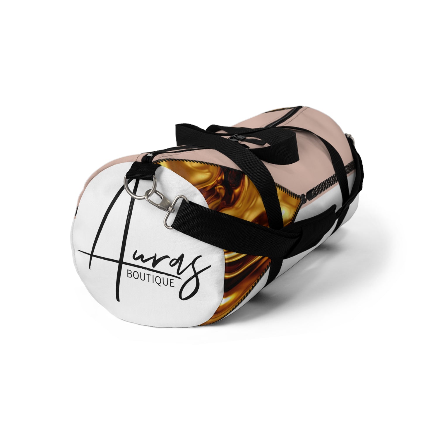 Luxe- Gym Bag: Stylish  and functional duffel for workout. Front view white bag with gold texture print over coral and coral.