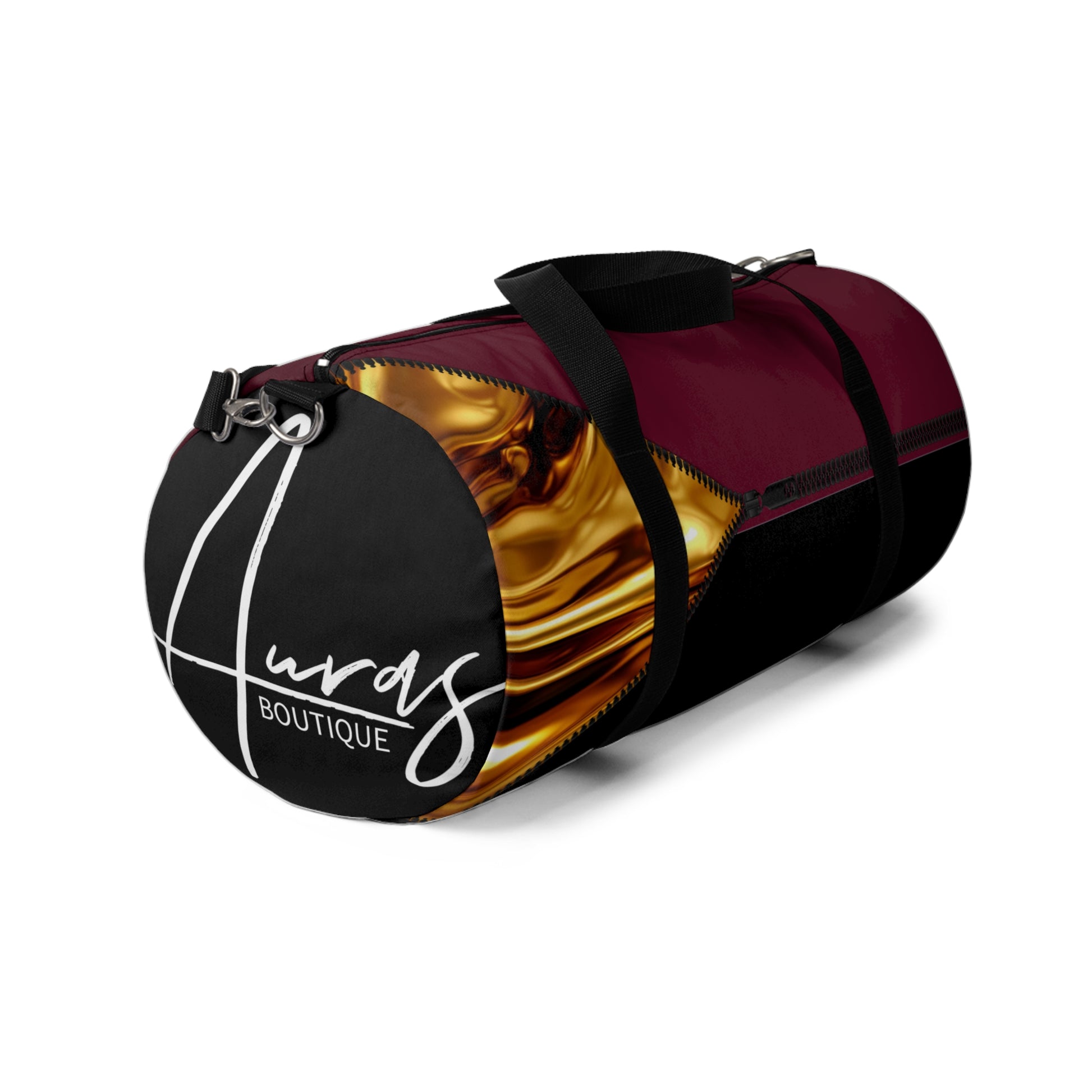 LUXE-Duffel: Left side view of black bag with gold texture print over merlot and merlot.