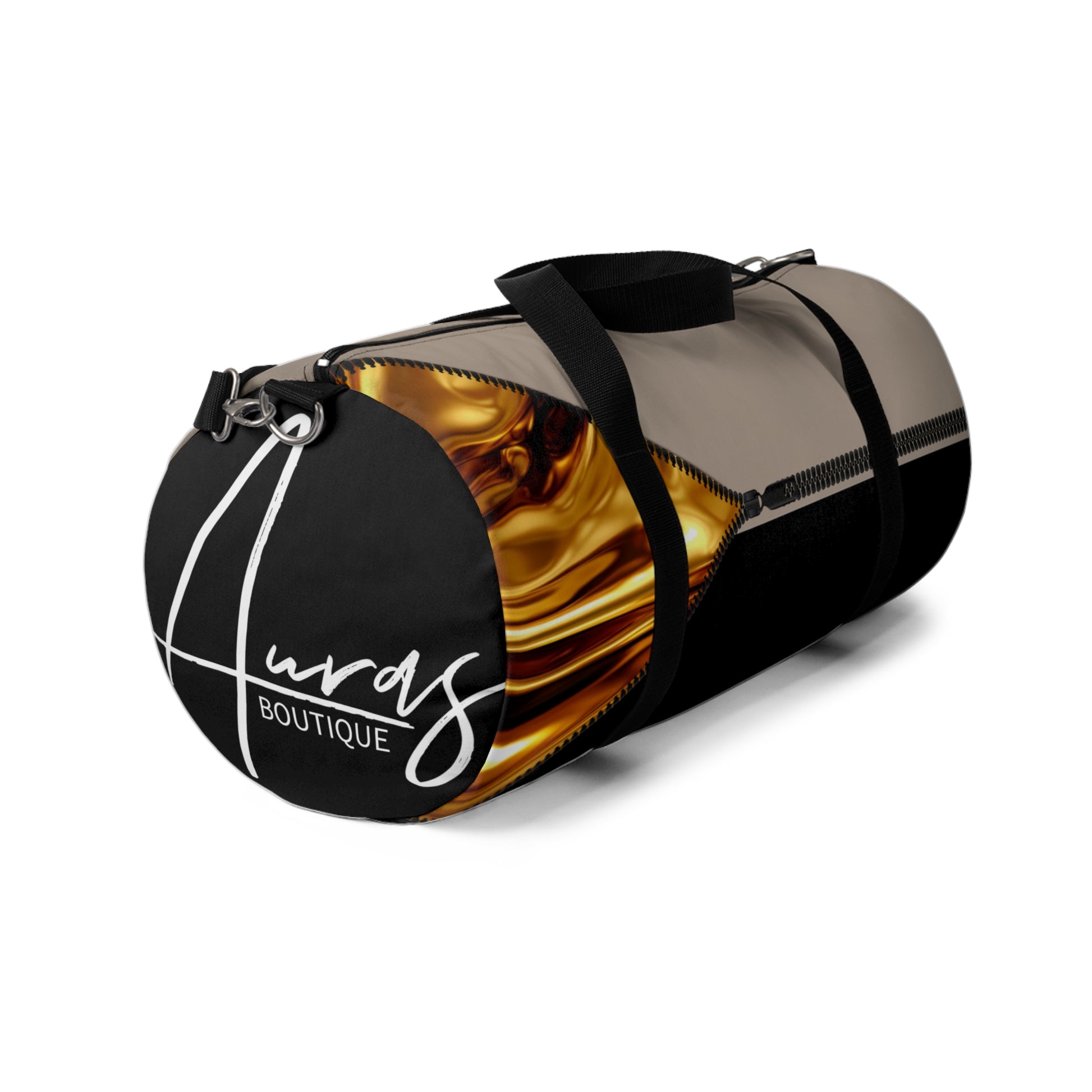 LUXE-Duffel: Left side view of black bag with gold texture print over khaki and khaki.