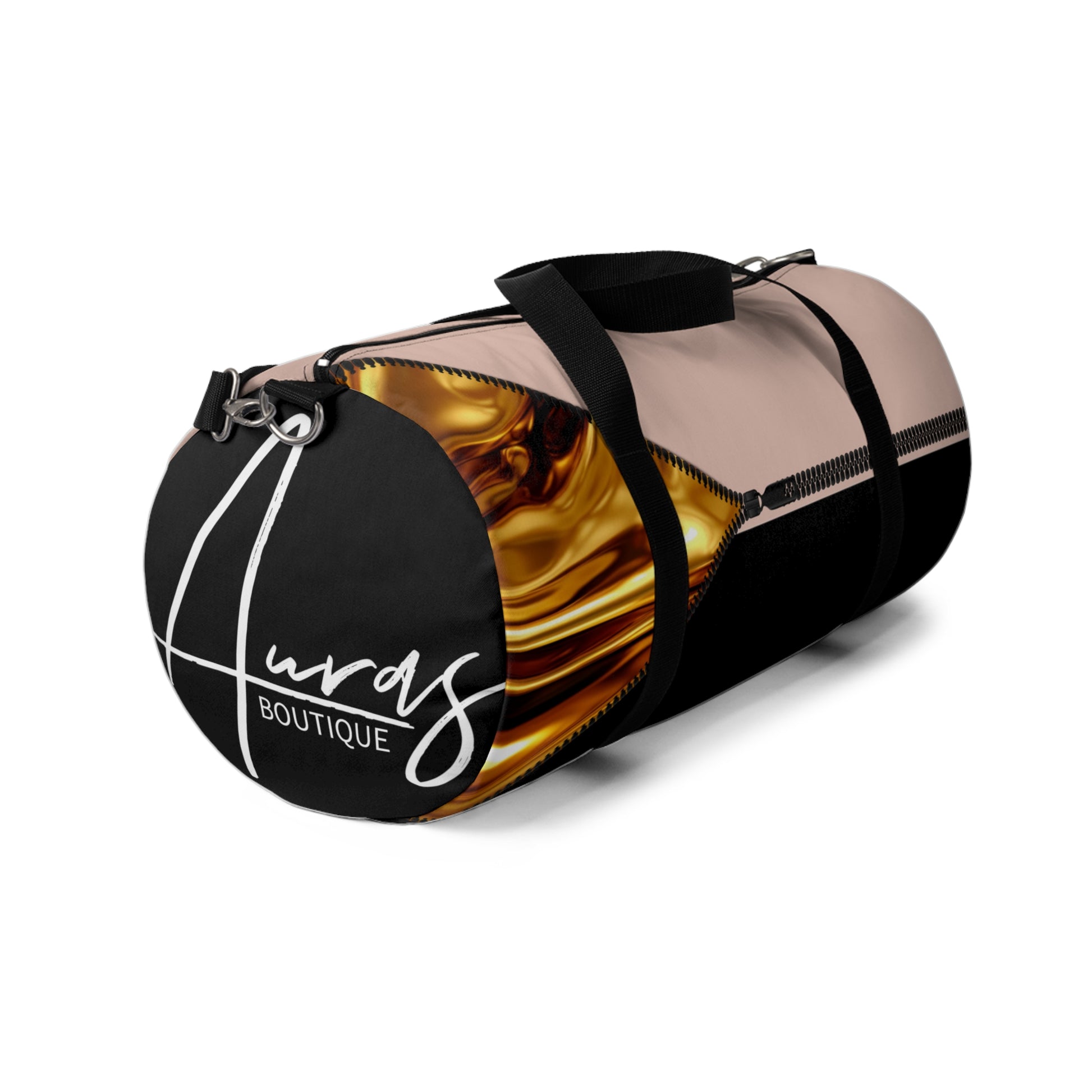 LUXE-Duffel: Left side view of black bag with gold texture print over coral and coral.