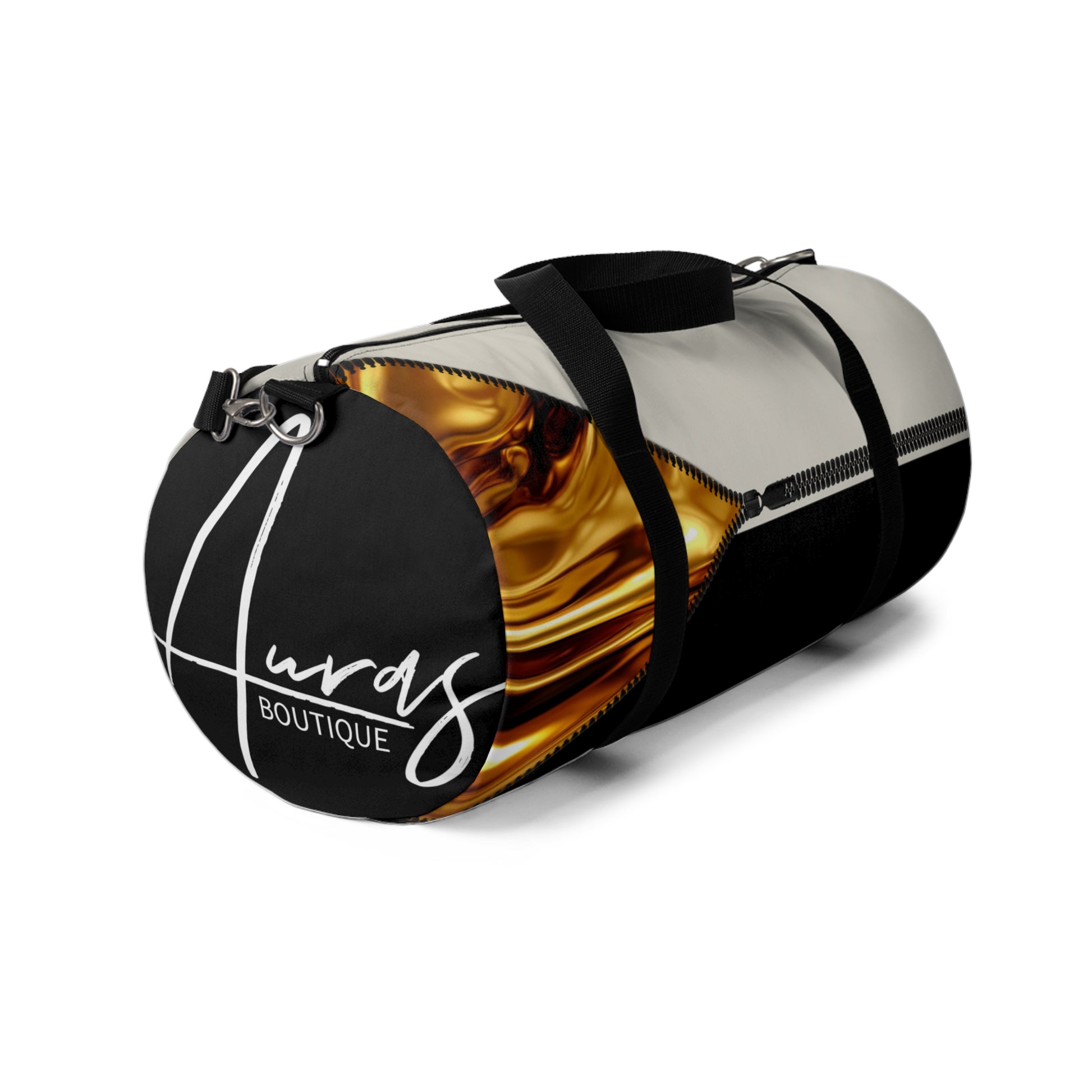 LUXE-Duffel: Left side view of black bag with gold texture print over beige and beige.