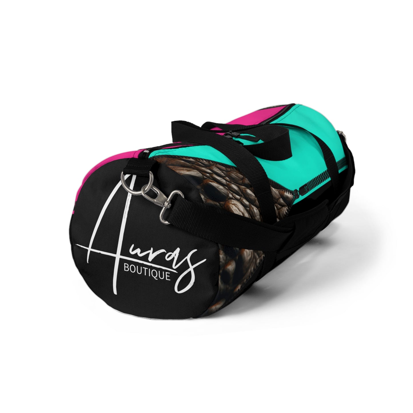 Luxe- Gym Bag: Stylish  and functional duffel for workout. Front view black bag with crocodile texture print over Auras Rose and Auras Turquoise.