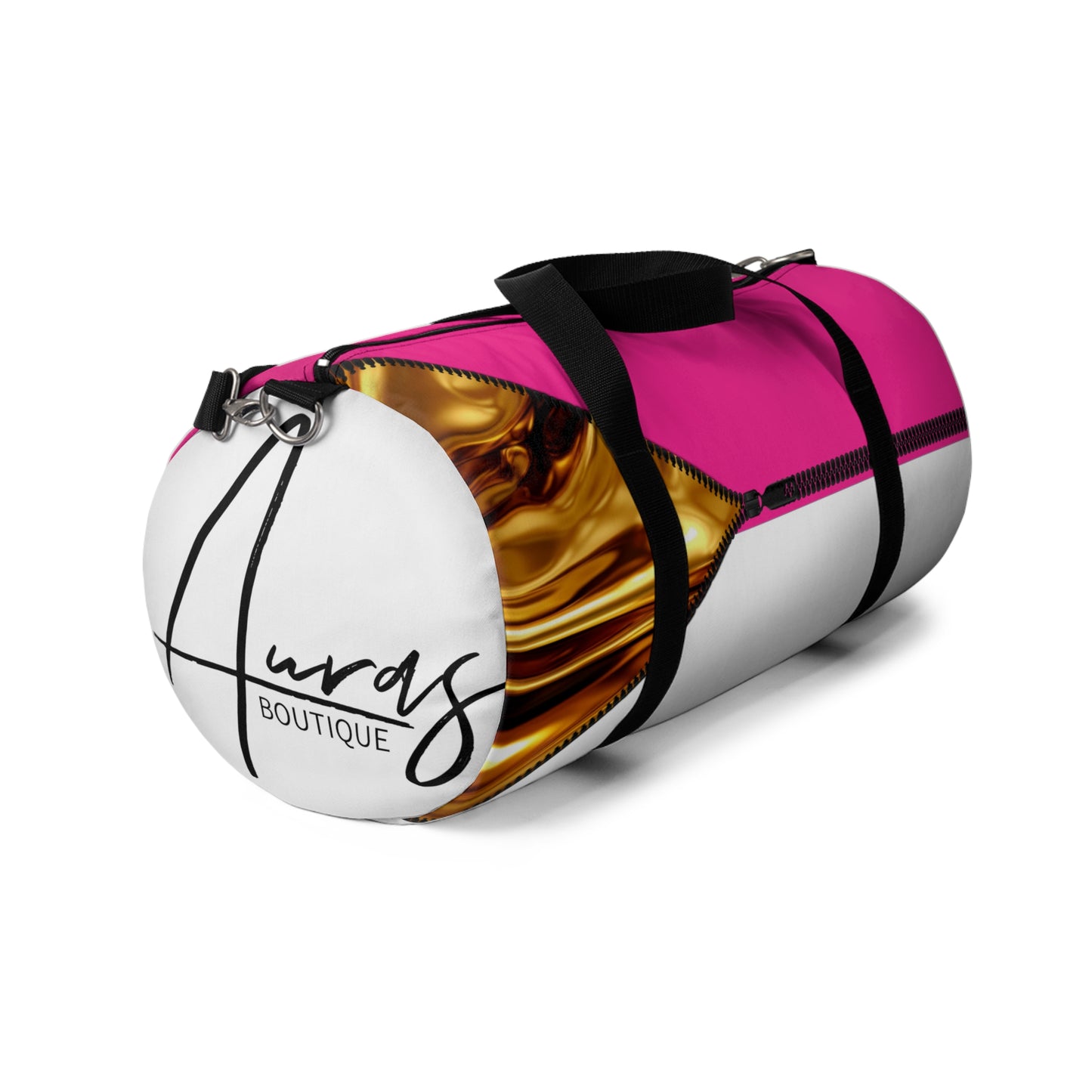 LUXE-Duffel: Left side view of white bag with gold texture print over Auras Rose and Auras Rose.