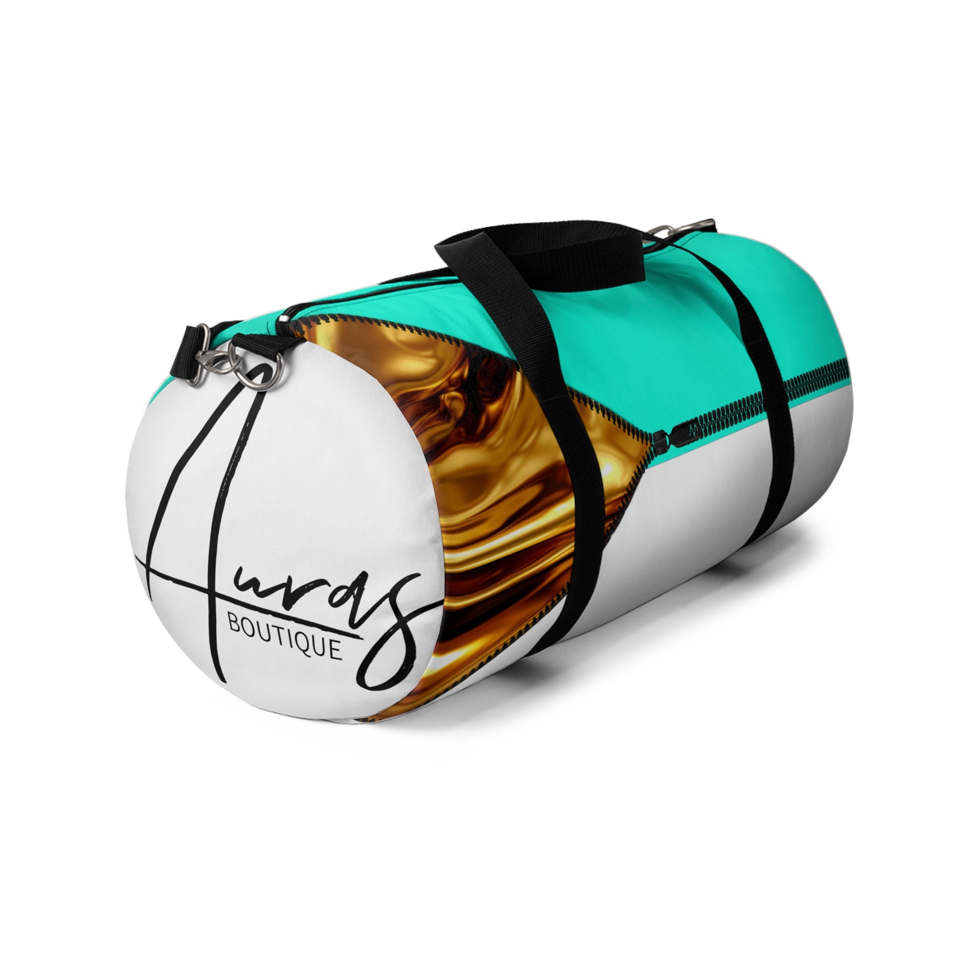 LUXE-Duffel: Left side view of white bag with gold texture print over Auras Turquoise and Auras Turquoise.