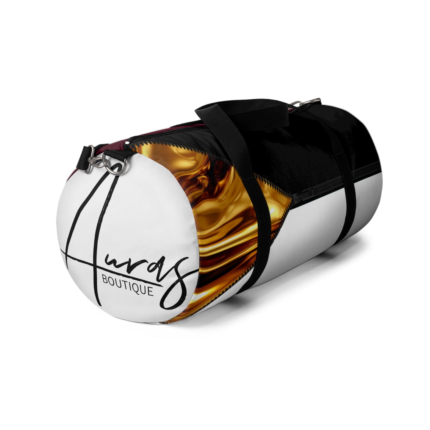 LUXE-Duffel: Left side view of white bag with gold texture print over merlot and black.