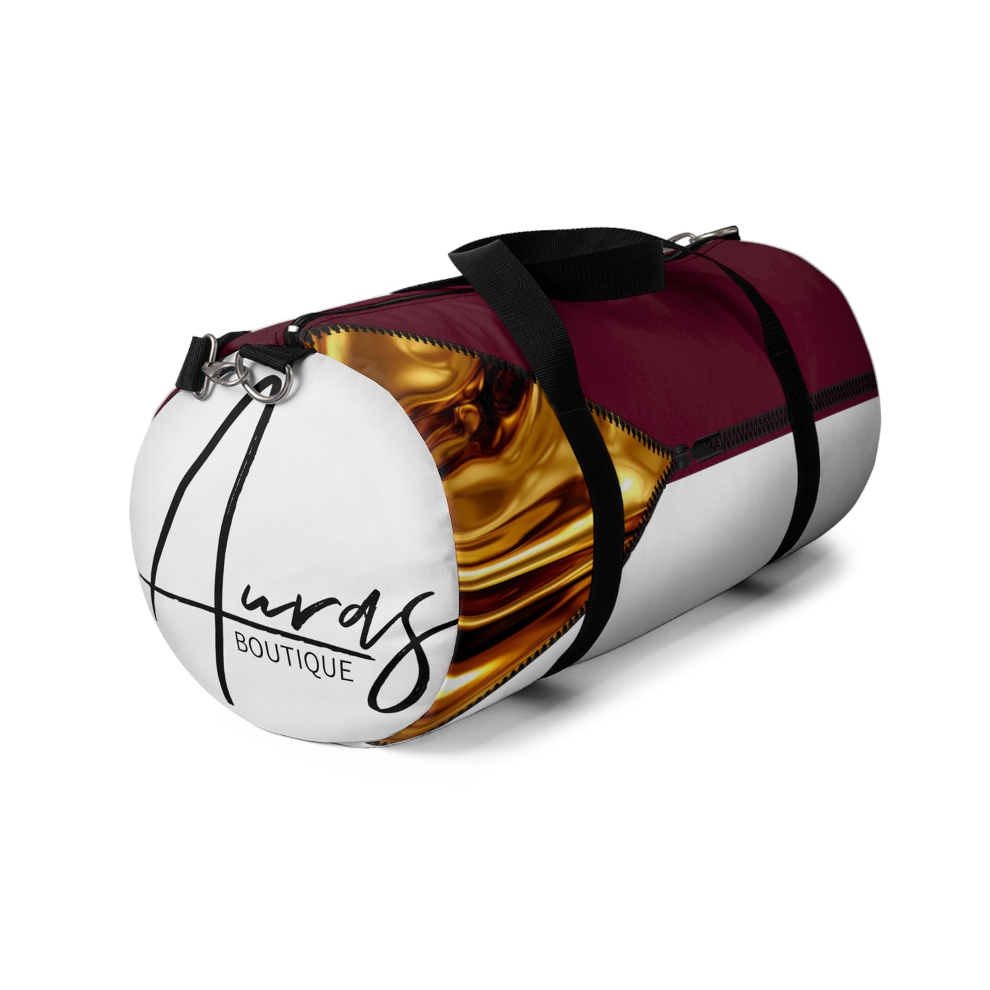 LUXE-Duffel: Left side view of white bag with gold texture print over merlot and merlot.