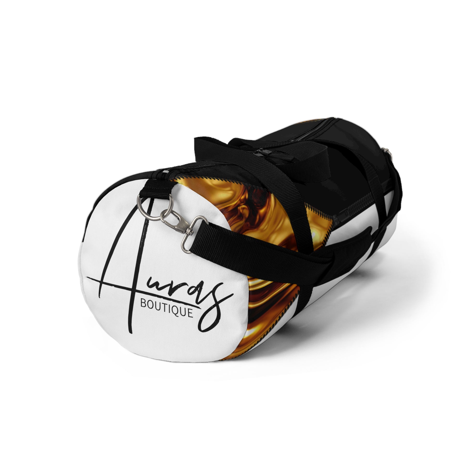 Luxe- Gym Bag: Stylish  and functional duffel for workout. Front view white bag with gold texture print over black and black.