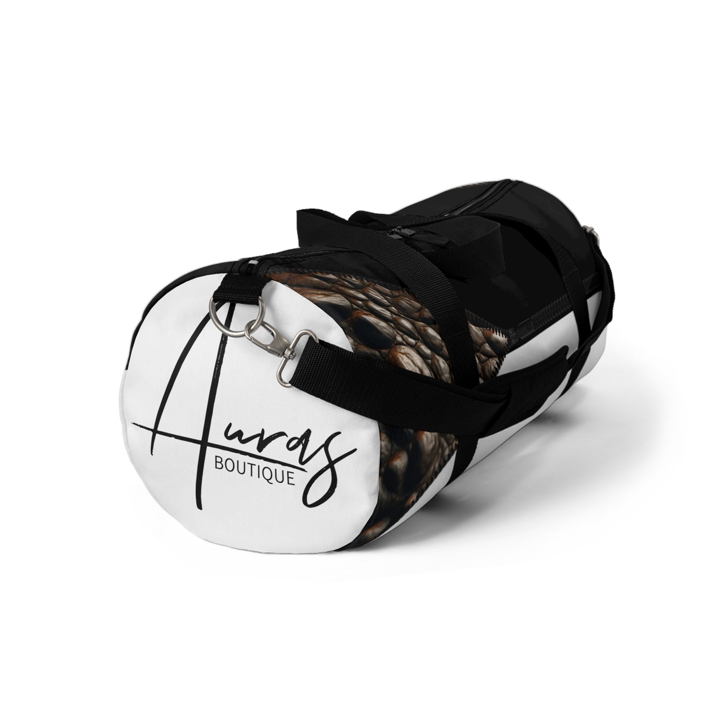 Luxe- Gym Bag: Stylish  and functional duffel for workout. Front view white bag with crocodile texture print over black and black.