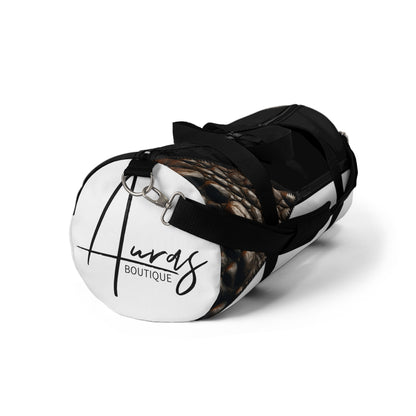 Luxe- Gym Bag: Stylish  and functional duffel for workout. Front view white bag with crocodile texture print over black and black.