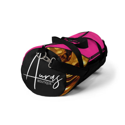 Luxe- Gym Bag: Stylish  and functional duffel for workout. Front view black bag with gold texture print over Auras Rose and Auras Rose.