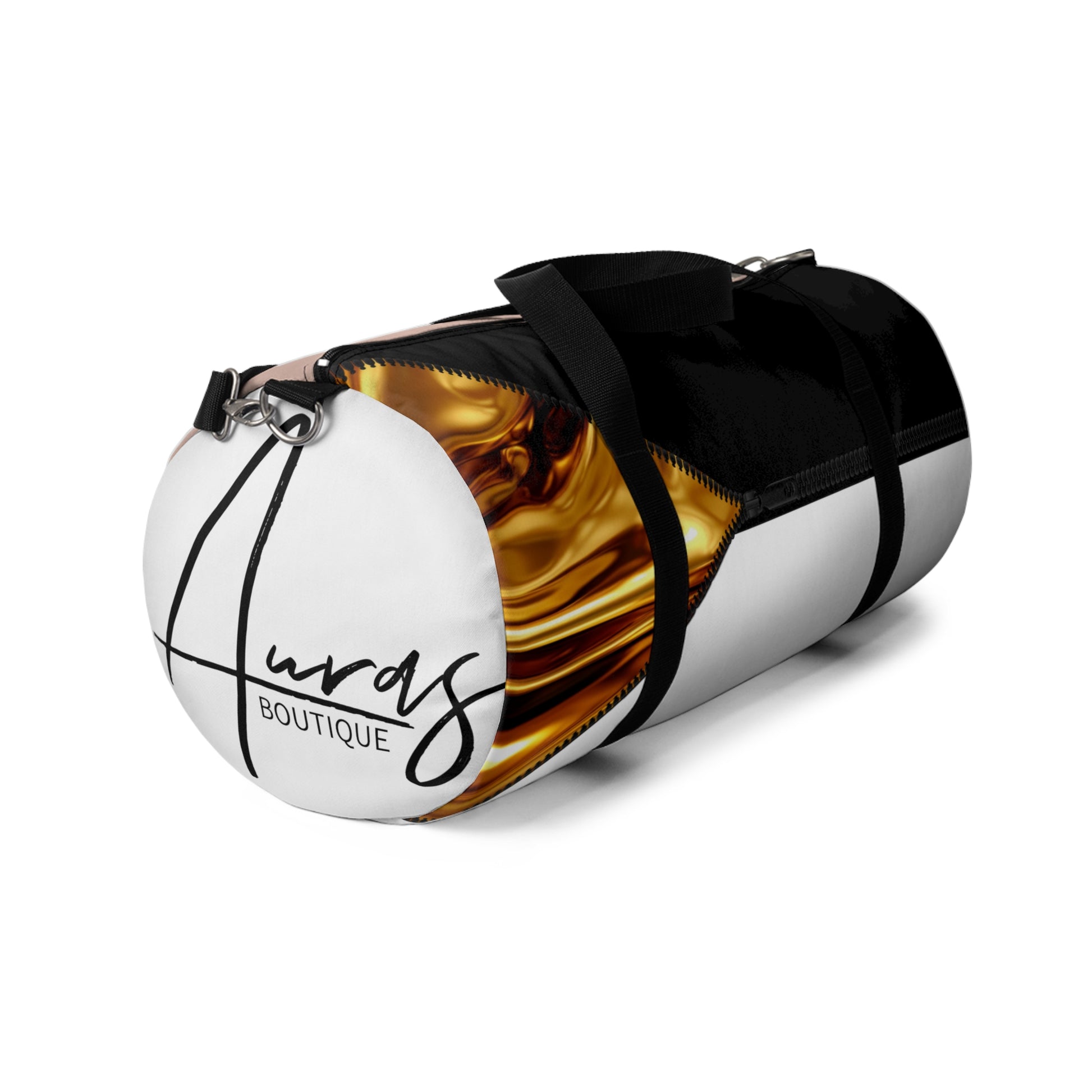 LUXE-Duffel: Left side view of white bag with gold texture print over coral and black.