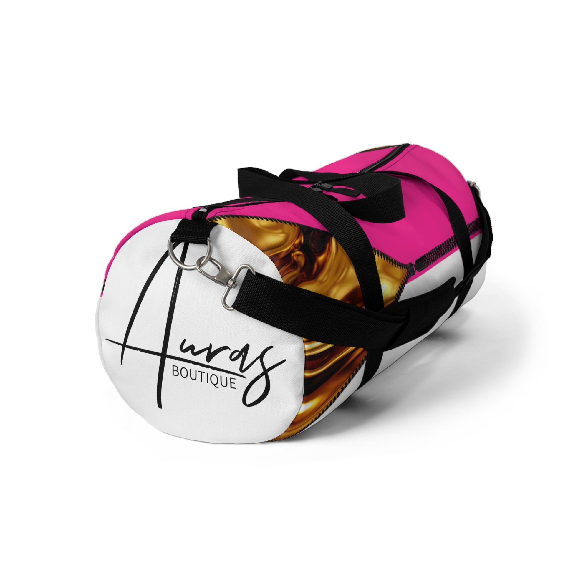 Luxe- Gym Bag: Stylish  and functional duffel for workout. Front view white bag with gold texture print over Auras Rose and Auras Rose.