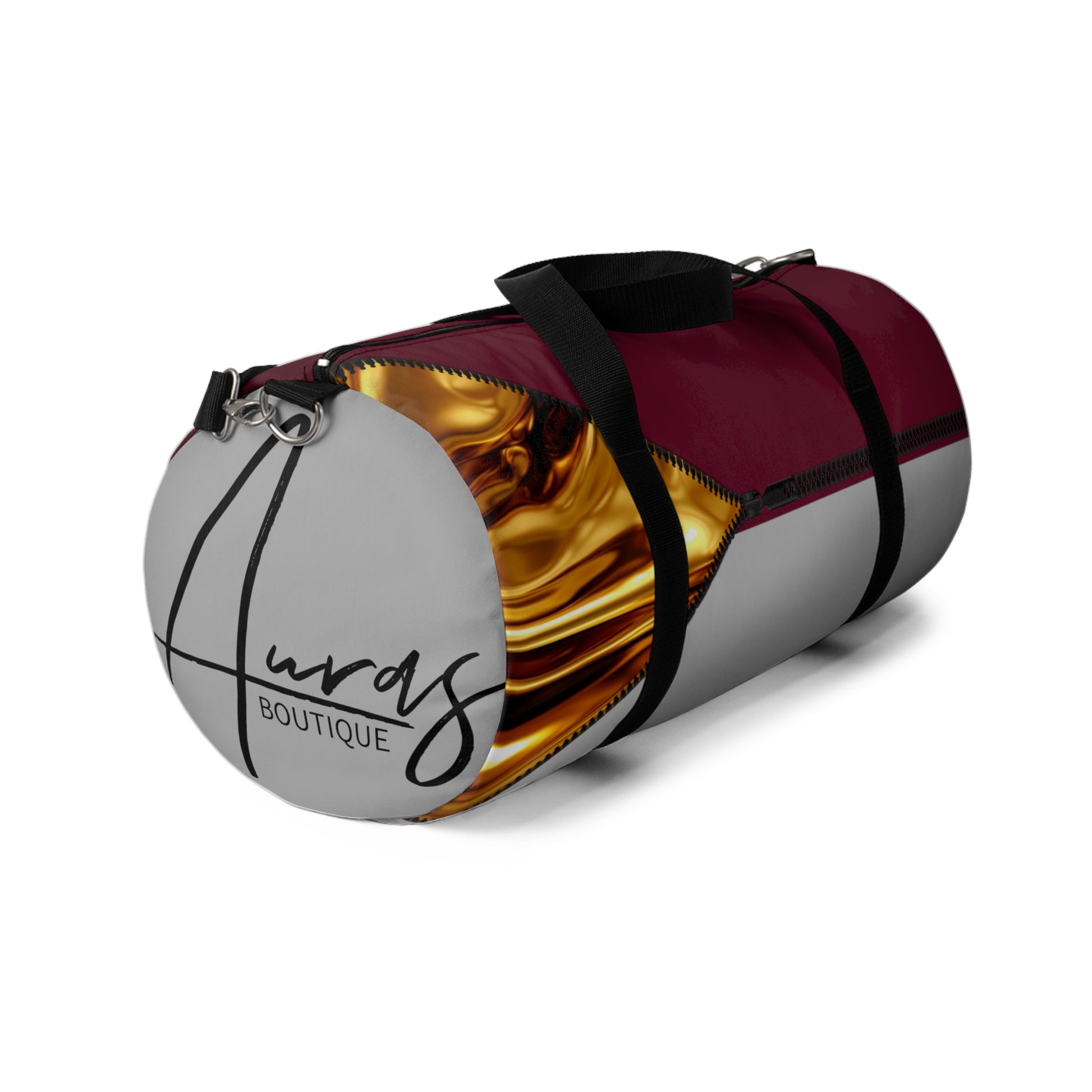 LUXE-Duffel: Left side view of light grey bag with gold texture print over merlot and merlot.