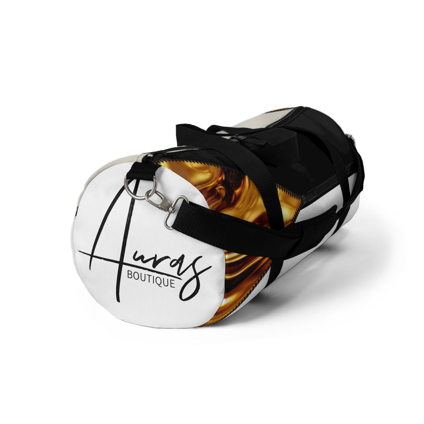 Luxe- Gym Bag: Stylish  and functional duffel for workout. Front view white bag with gold texture print over beige and black.