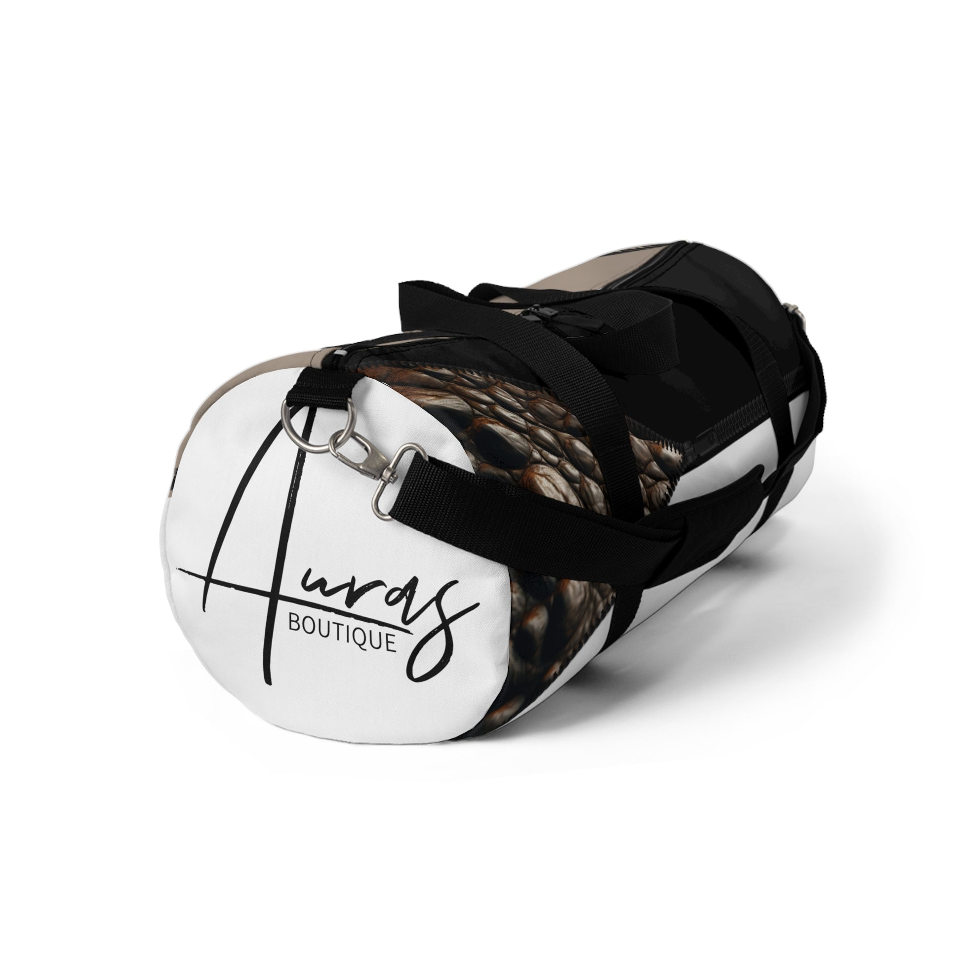 Luxe- Gym Bag: Stylish  and functional duffel for workout. Front view white bag with crocodile texture print over khaki and black.