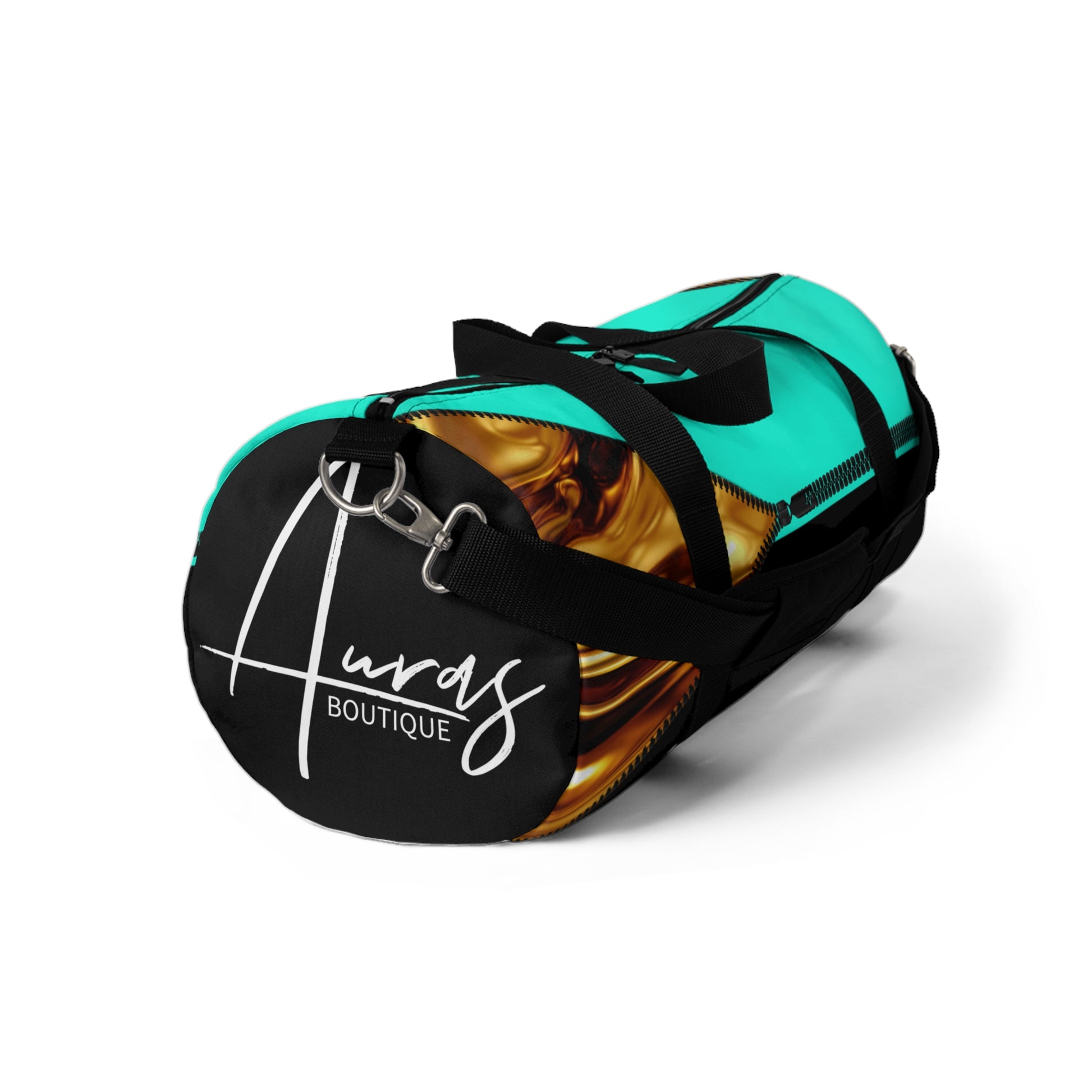 Luxe- Gym Bag: Stylish  and functional duffel for workout. Front view black bag with gold texture print over Auras Turquoise and Auras Turquoise.