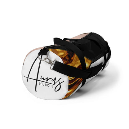 Luxe- Gym Bag: Stylish  and functional duffel for workout. Front view white bag with gold texture print over coral and black.