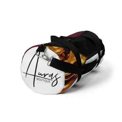 Luxe- Gym Bag: Stylish  and functional duffel for workout. Front view white bag with gold texture print over merlot and black.