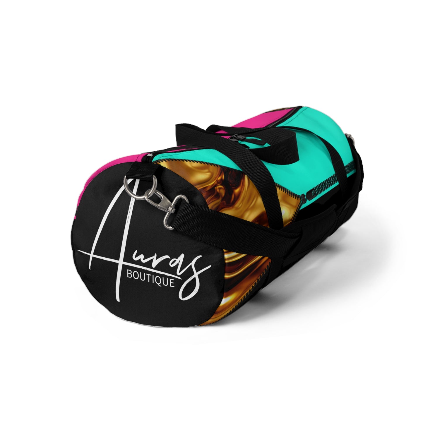 Luxe- Gym Bag: Stylish  and functional duffel for workout. Front view black bag with gold texture print over Auras Rose and Auras Turquoise.