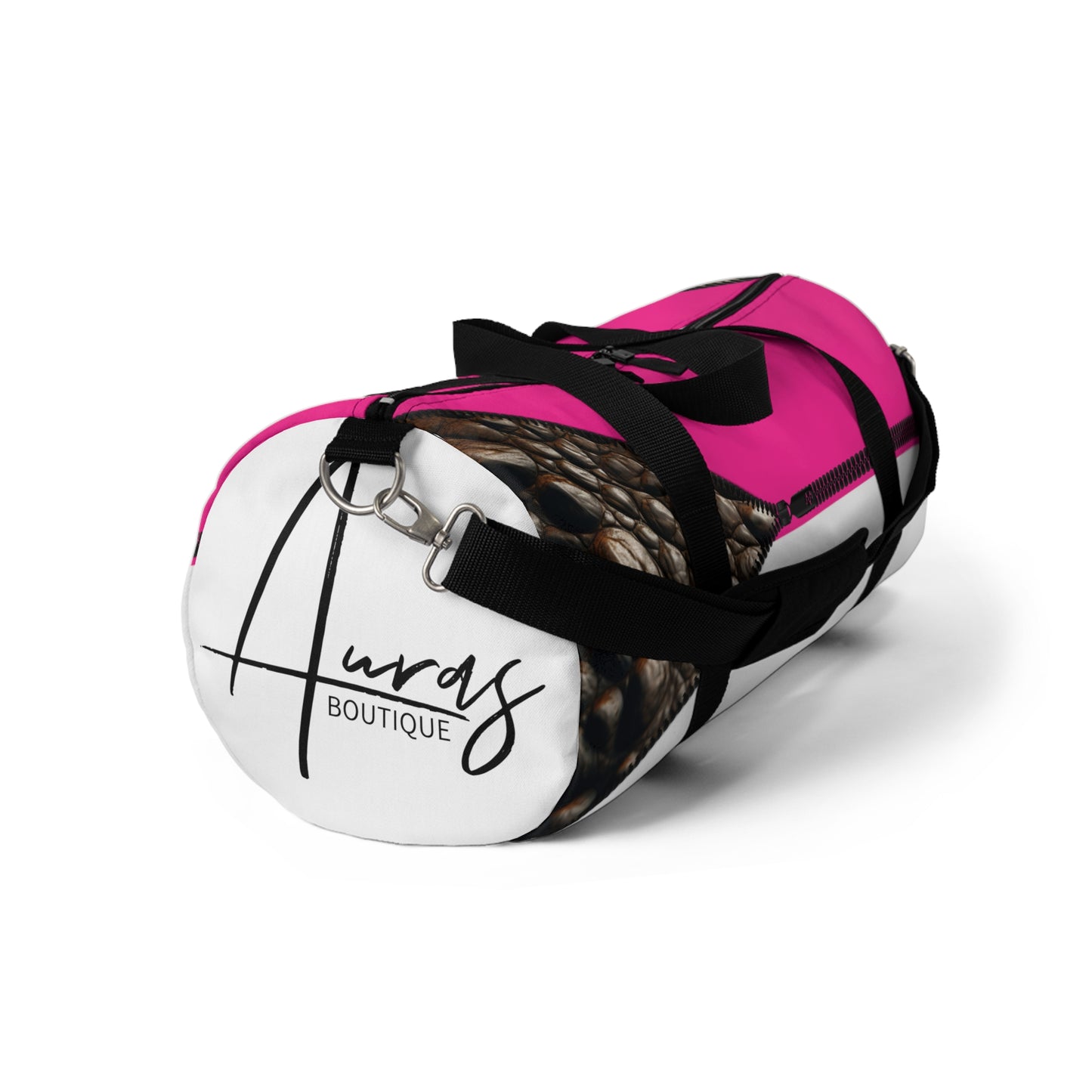 Luxe- Gym Bag: Stylish  and functional duffel for workout. Front view white bag with crocodile texture print over Auras Rose and Auras Rose.