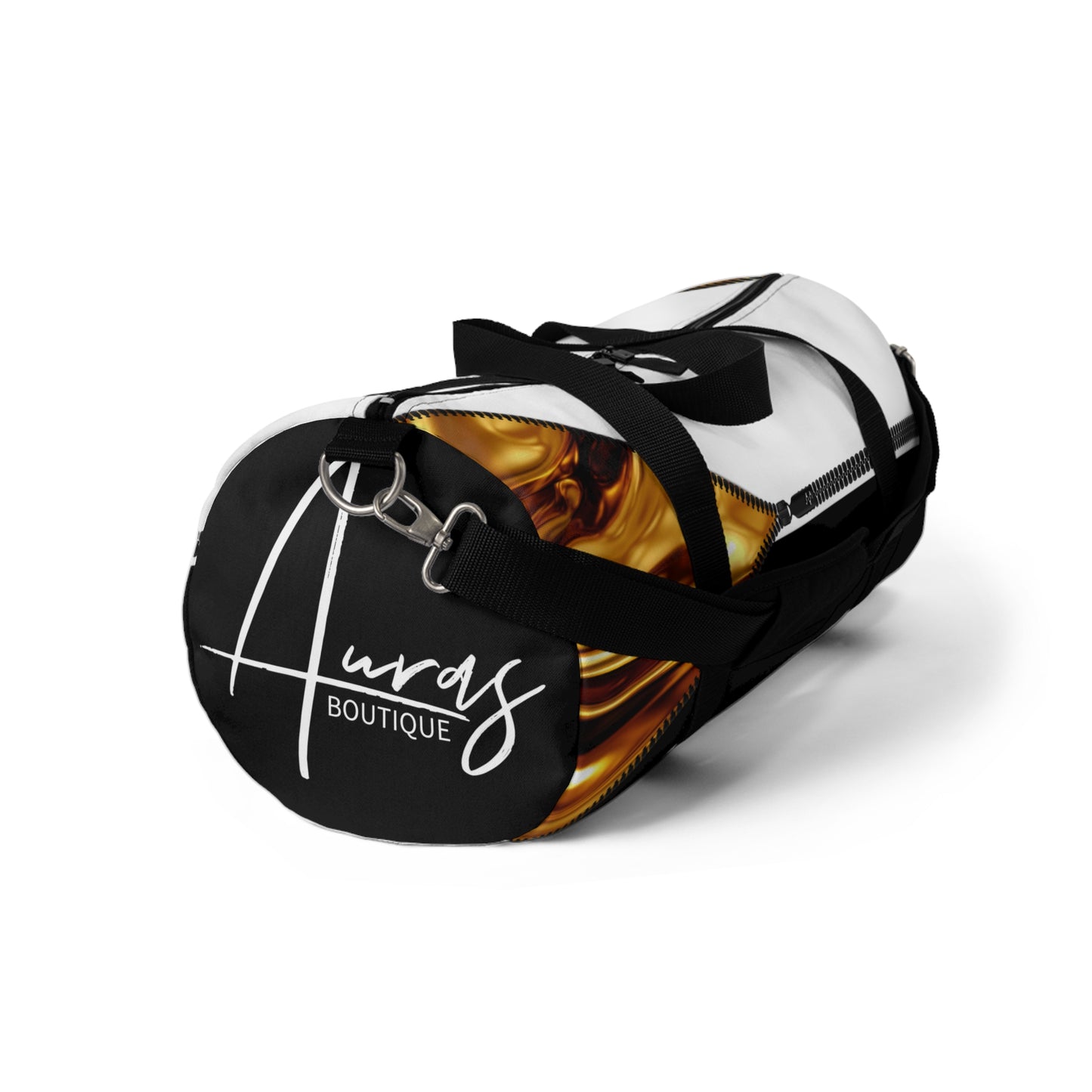 Luxe- Gym Bag: Stylish  and functional duffel for workout. Front view black bag with gold texture print over white and white.