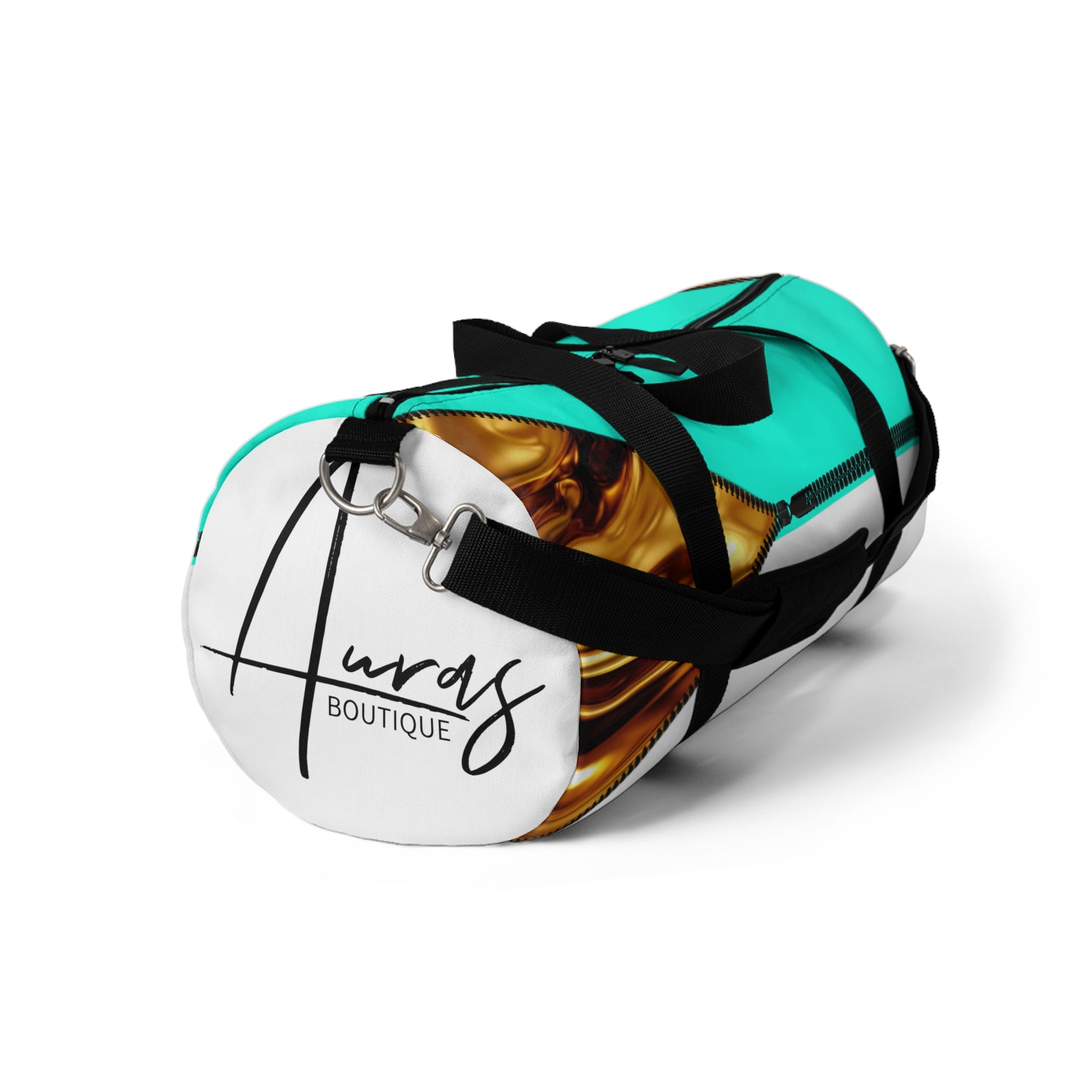 Luxe- Gym Bag: Stylish  and functional duffel for workout. Front view white bag with gold texture print over Auras Turquoise and Auras Turquoise.