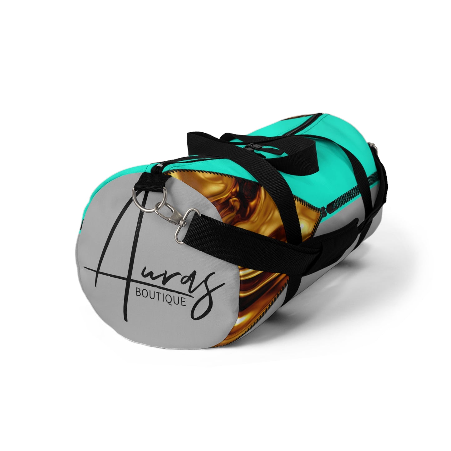 Luxe- Gym Bag: Stylish  and functional duffel for workout. Front view light grey bag with gold texture print over Auras Turquoise and Auras Turquoise.