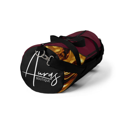 Luxe- Gym Bag: Stylish  and functional duffel for workout. Front view black bag with gold texture print over merlot and merlot.