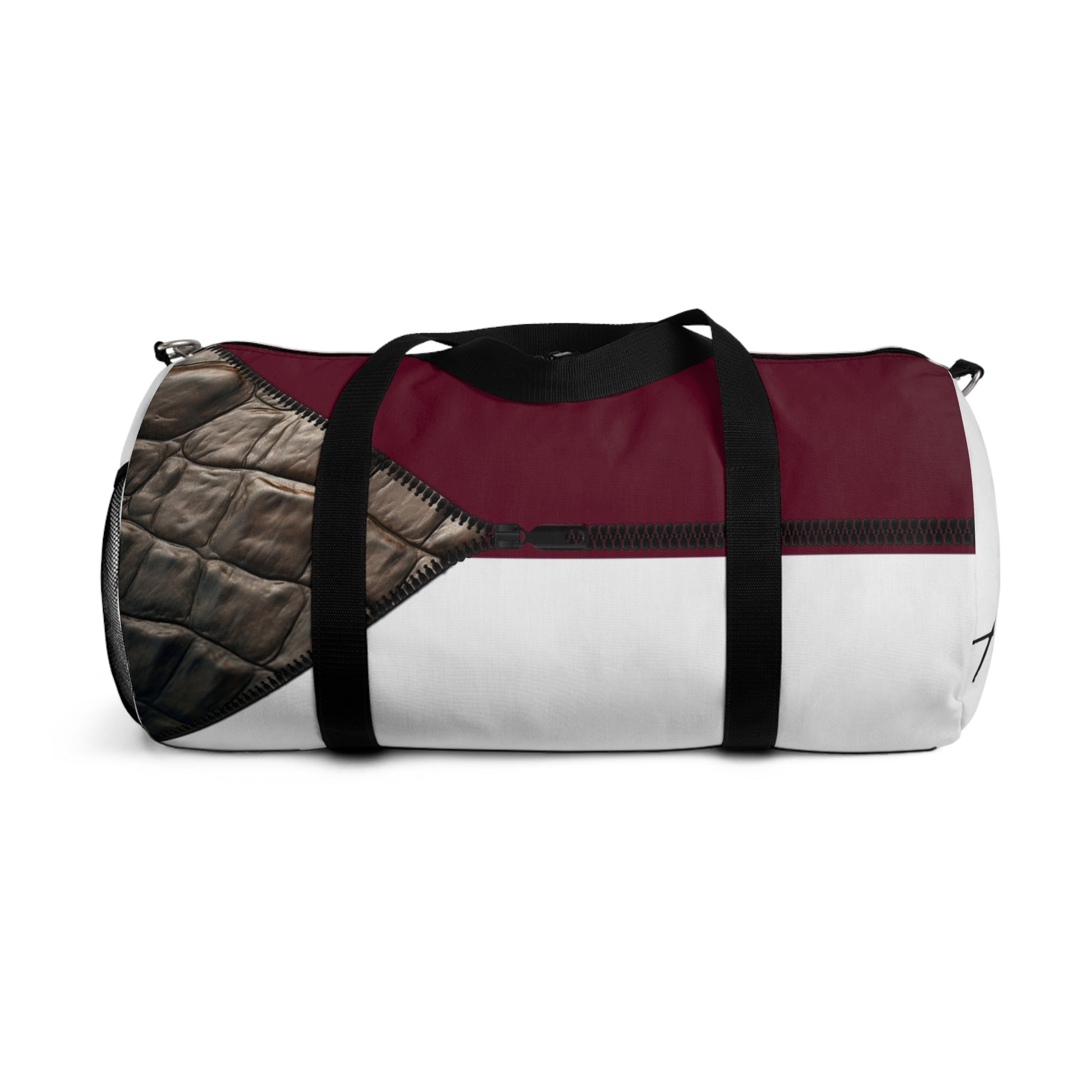 LUXE-Duffel: Back view of white bag with crocodile texture print over merlot and merlot.